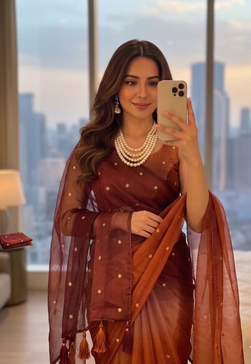 Ombré shaded fendi satin shimmer saree with sequins embroidery