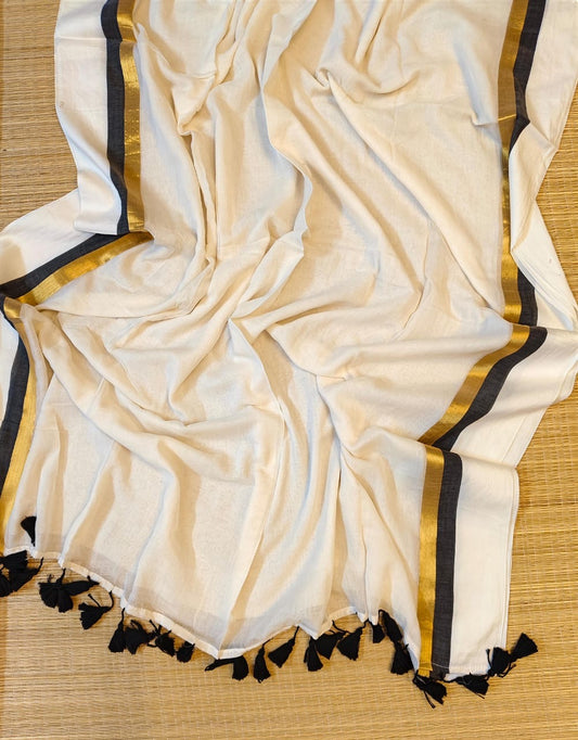 Pure mul cotton saree with black zari border