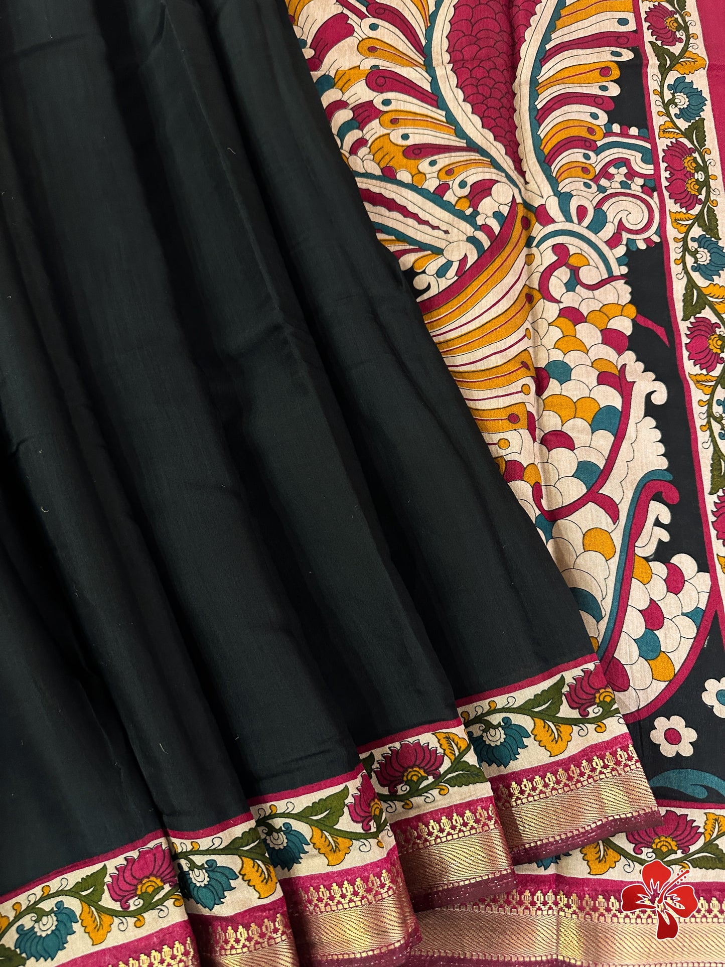 Soft viscous cotton saree with kalamkari printed border and pallu - black