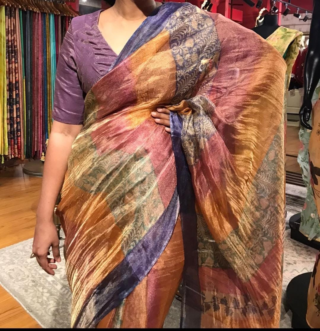 Beautiful soft tussar tissue printed silk saree (Prebooking)