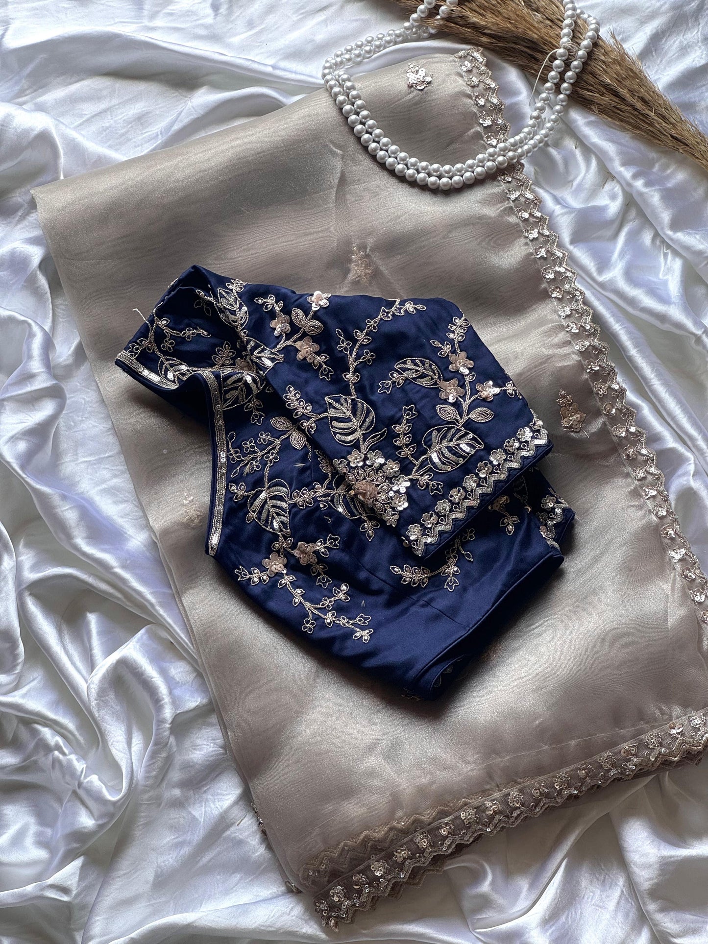 Organza handwork saree - Navy blue blouse