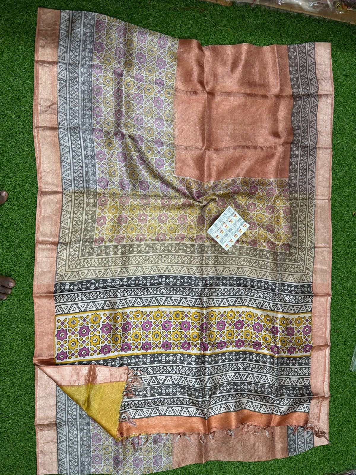 Beautiful soft tussar tissue printed silk saree (Prebooking)