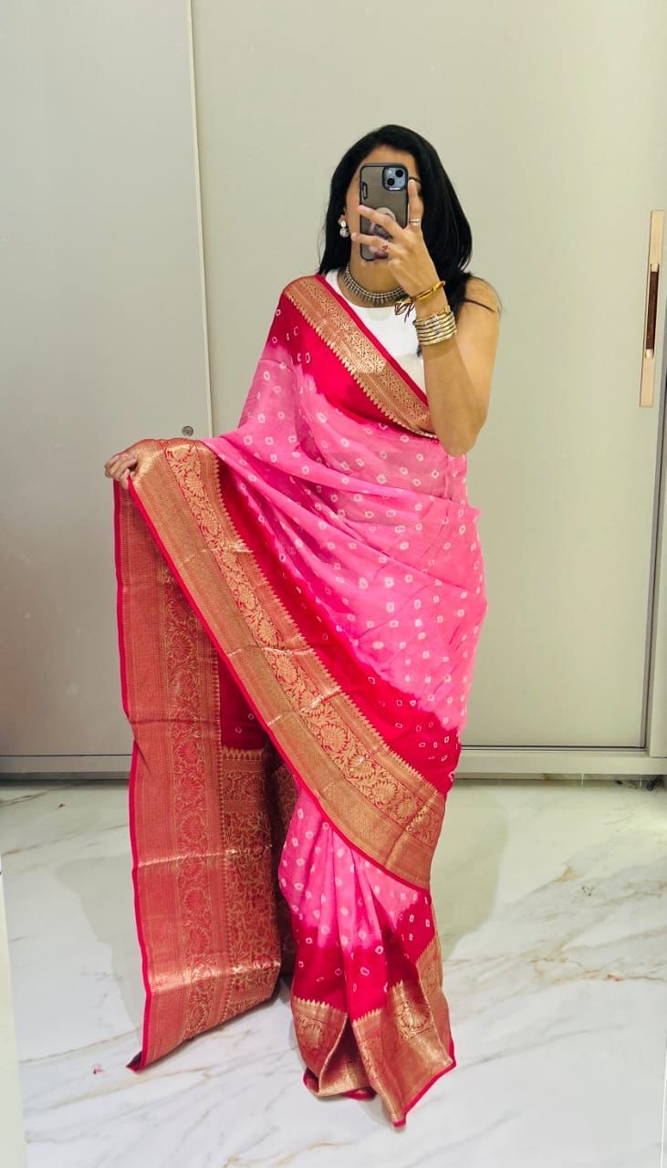 Semi dola silk with bandhini prints