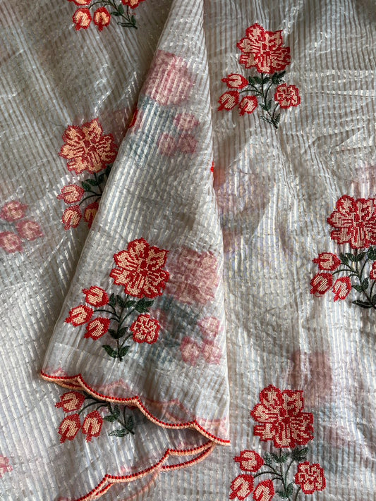 Premium kora organza saree with cross stitched embroidery and stripes