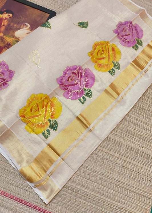 Premium Tissue Striped Saree with Rose Embroidery