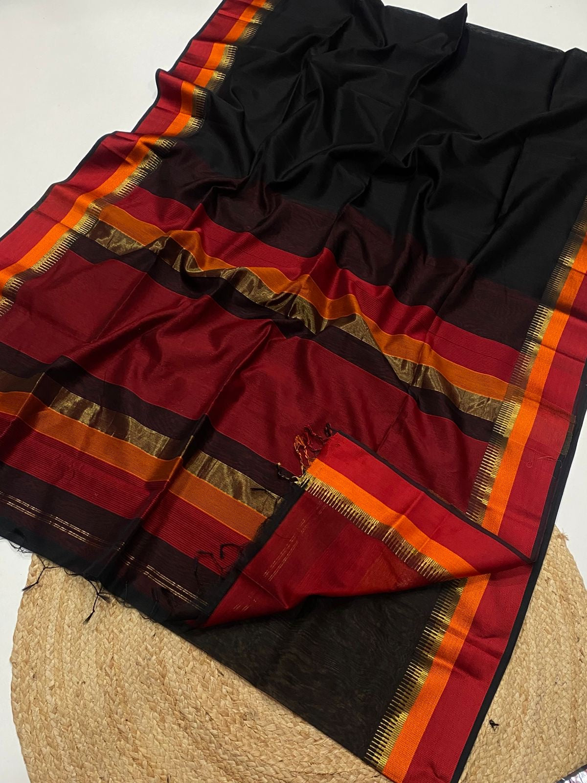 Pure Handloom Maheshwari silk cotton saree with multi resham border - black