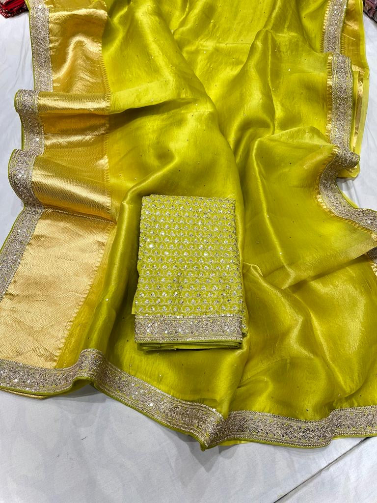 Pure organza saree with kanchi zari border and heavy blouse