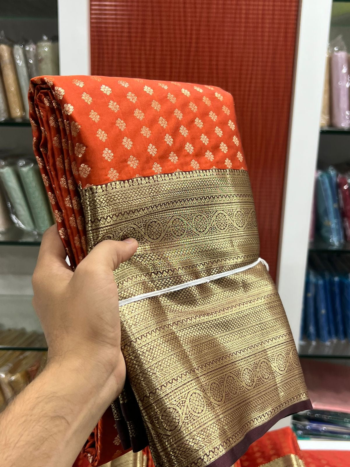 Premium semi Kanchipuram silk saree with 1000 buttas - Rust orange / coffee brown