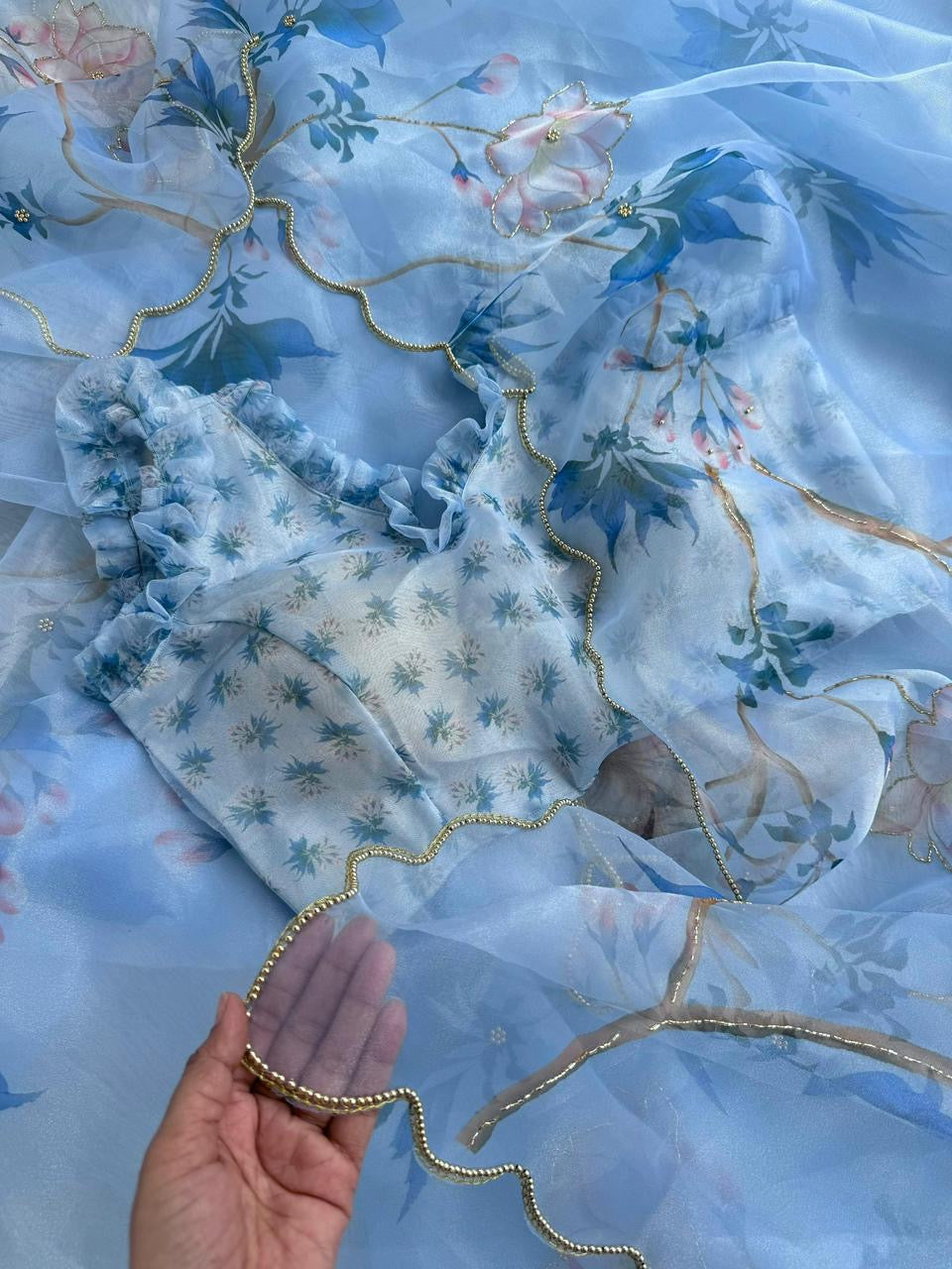 Beautiful semi organza saree with floral digital prints with cutdana beads work