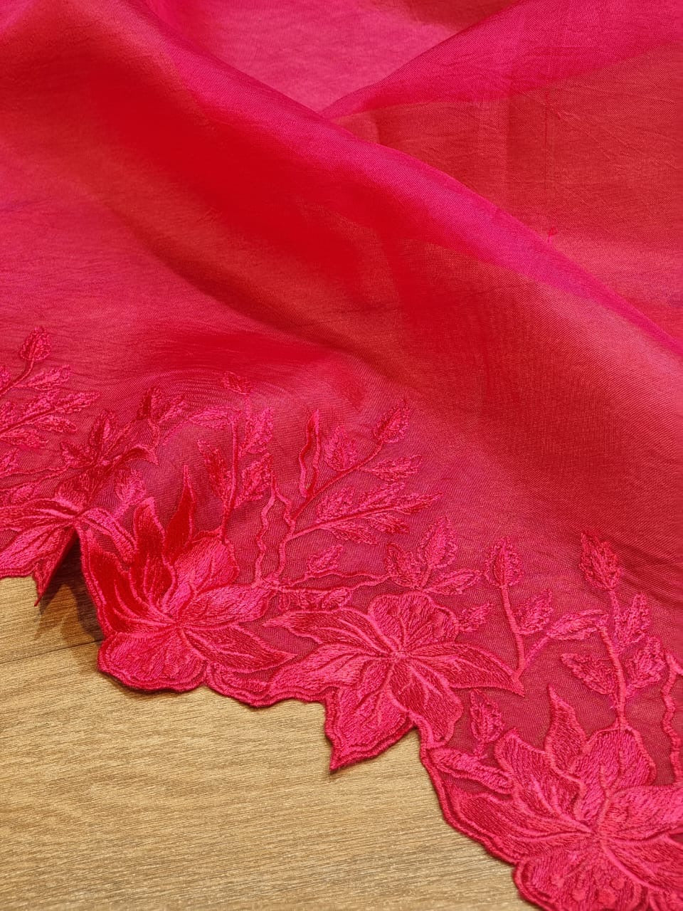 Pure organza silk saree with embroidery scallop border