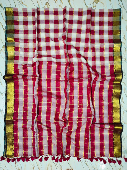 Beautiful pure authentic mul cotton saree with madras checks and woven border