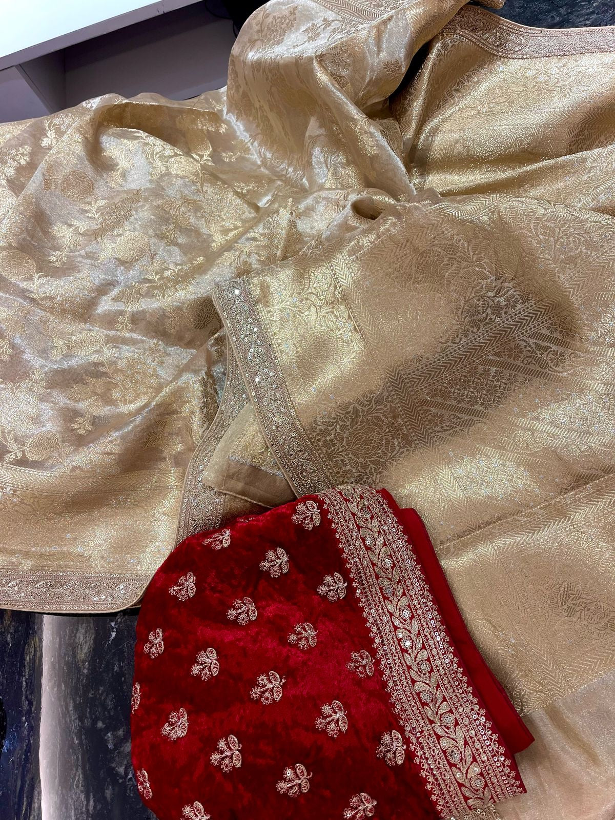 Pure tissue kanchi saree with velvet blouse