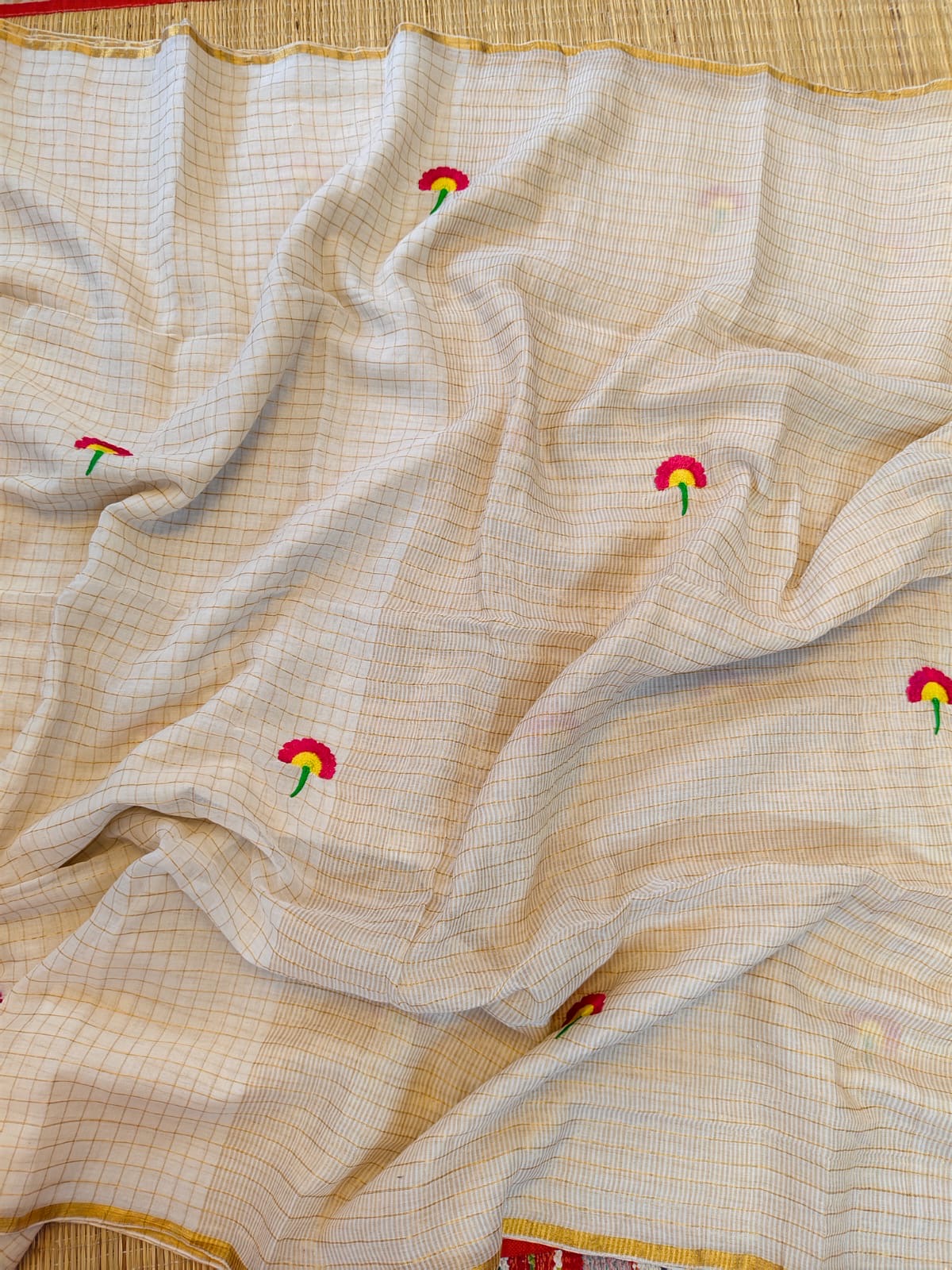Zari checks cotton saree with embroidery