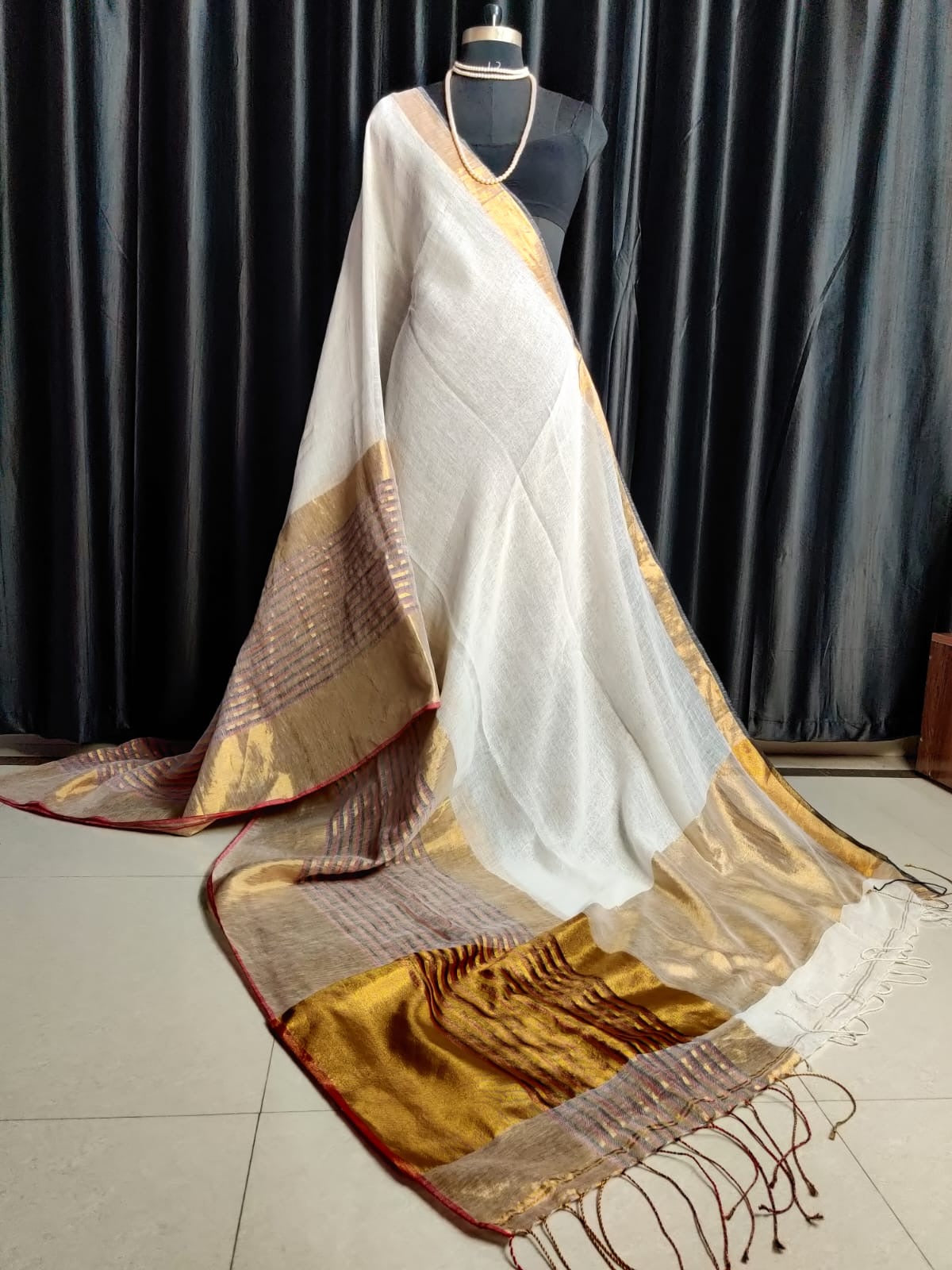 Pure linen with copper zari work