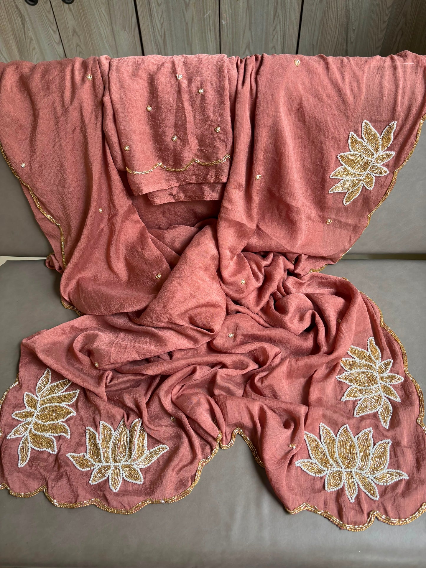 Soft crush rangoli saree with beautiful lotus handwork on pallu