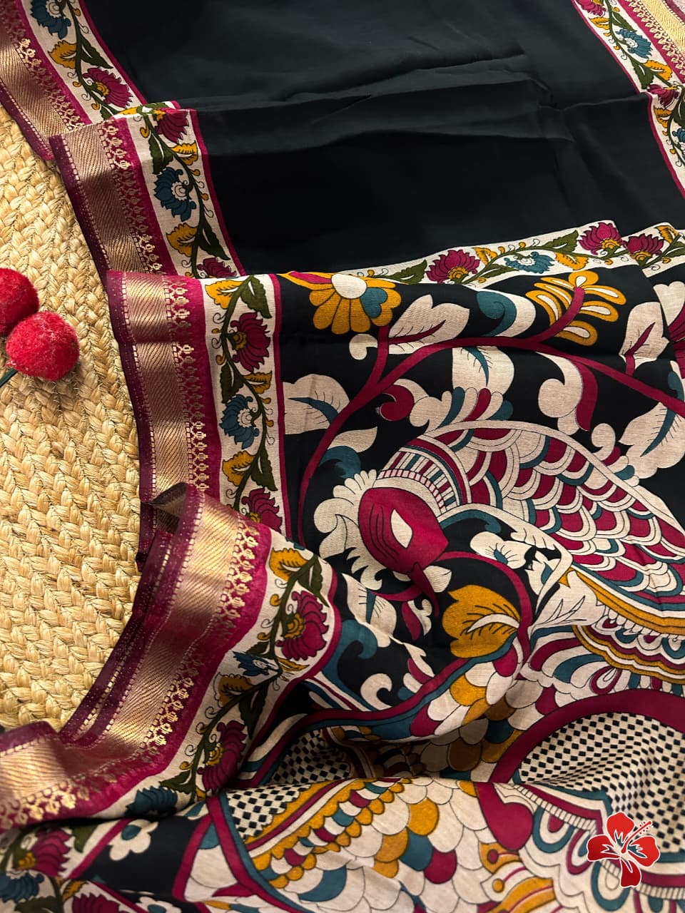 Soft viscous cotton saree with kalamkari printed border and pallu - black