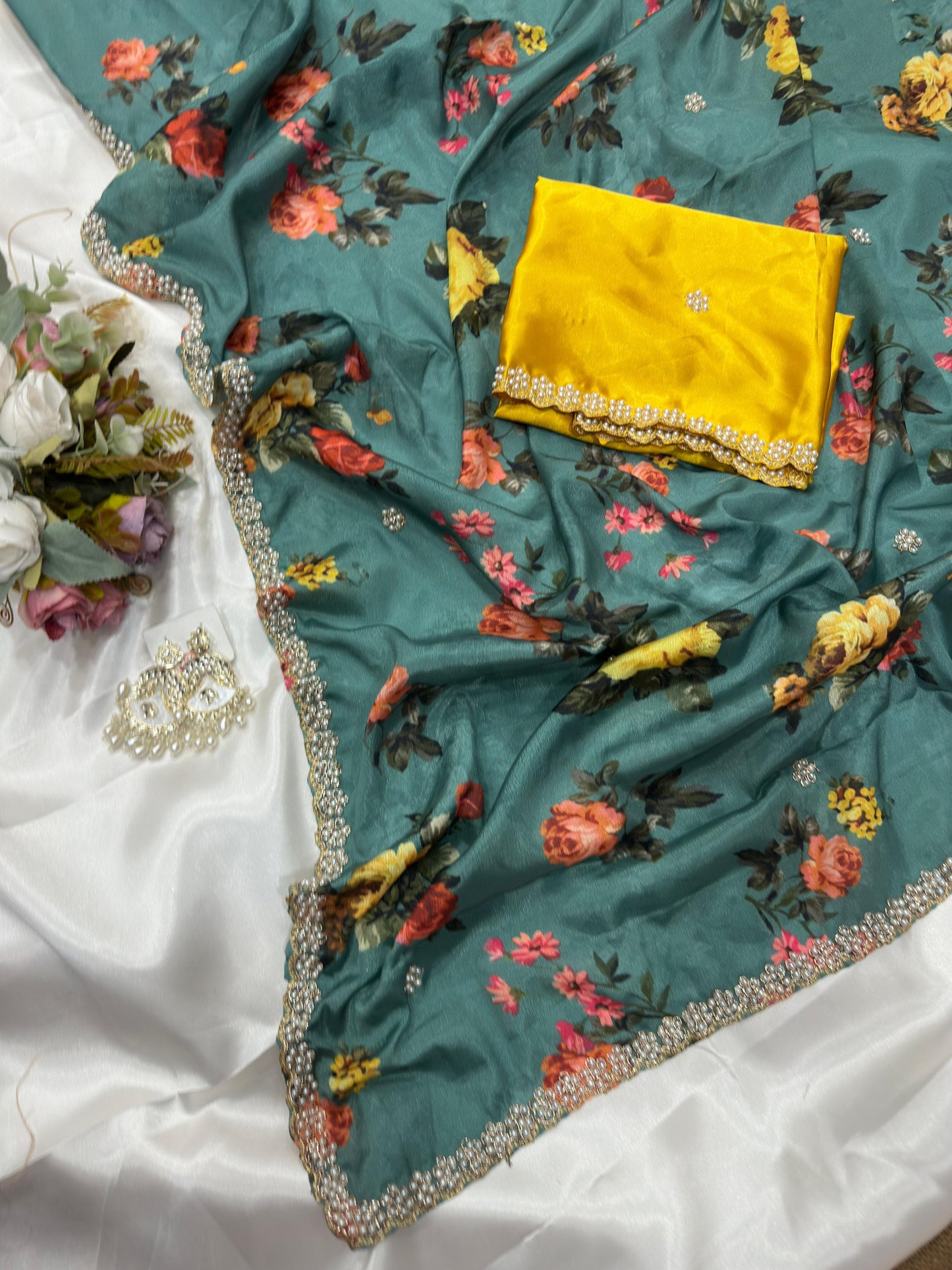 Floral chinon saree with beautiful pearl work border