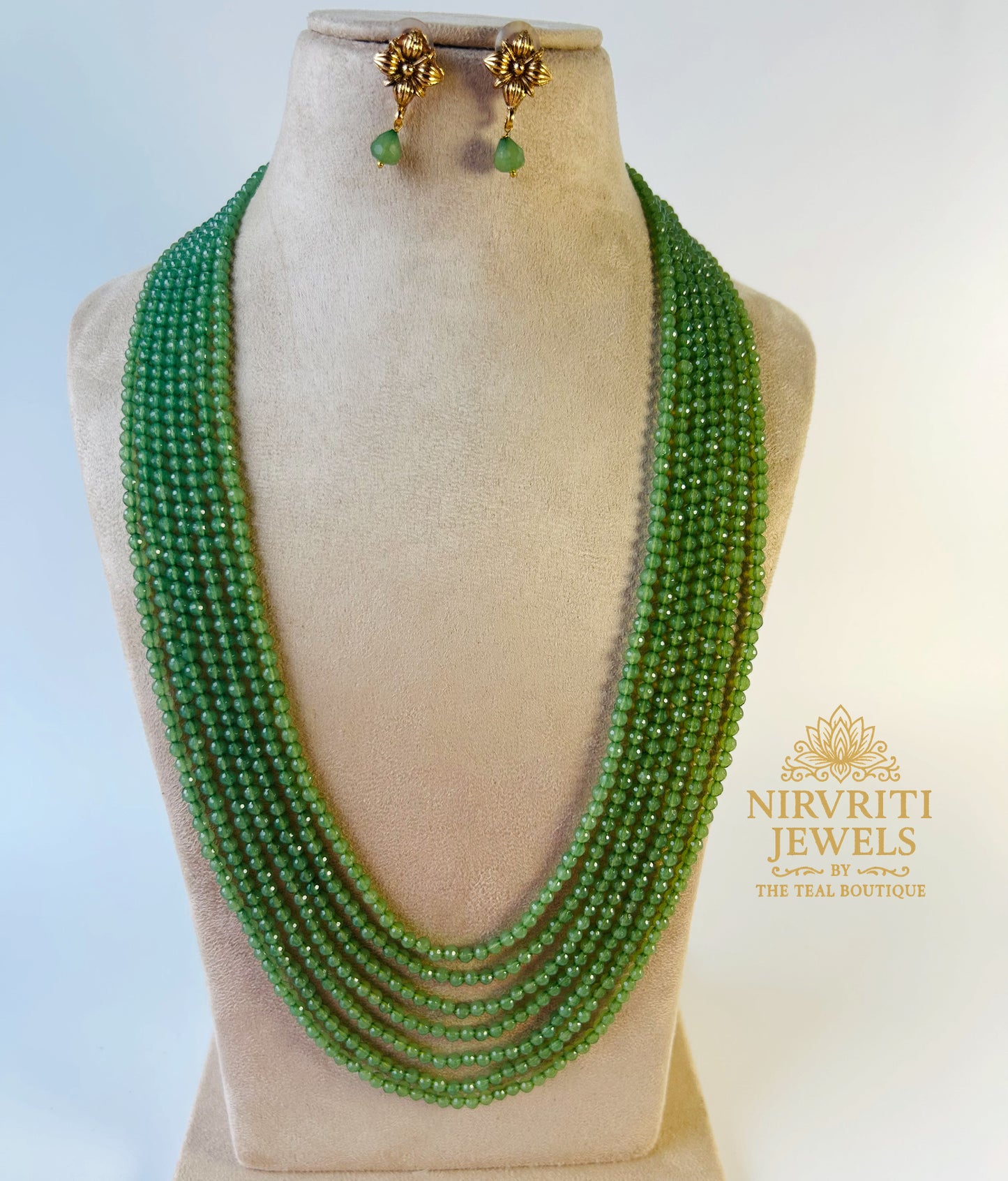 Multilayered green beads long necklace