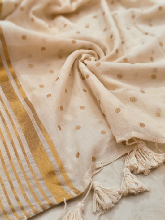 (Prebooking) Pure authentic mul cotton saree with zari stripes border and small polka body- without blouse