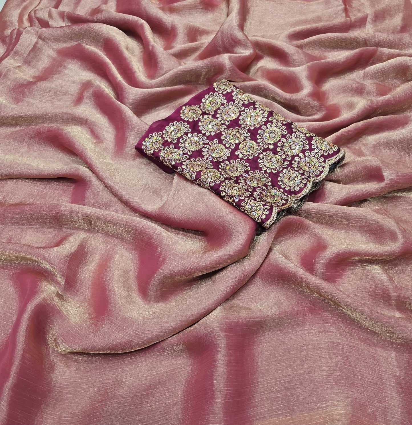 Shimmer chiffon saree with embroidered contrast blouse