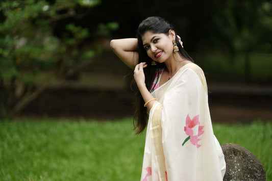 Prebooking 15 days - Premium pink lotus printed kerala cotton saree