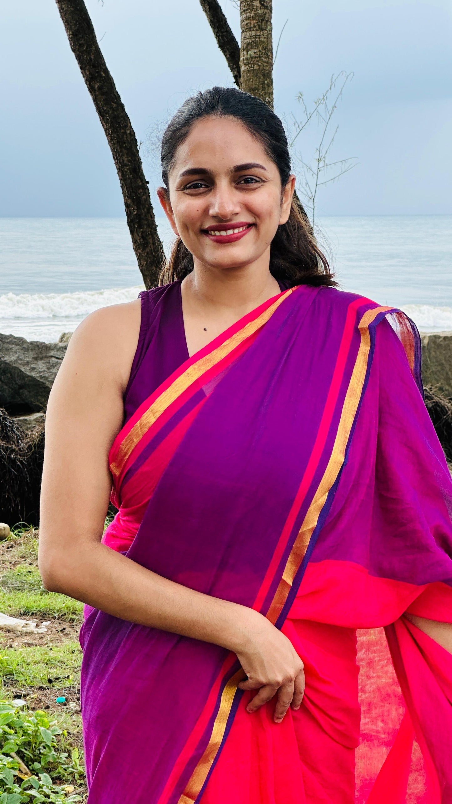 Pure mul cotton saree half pink purple