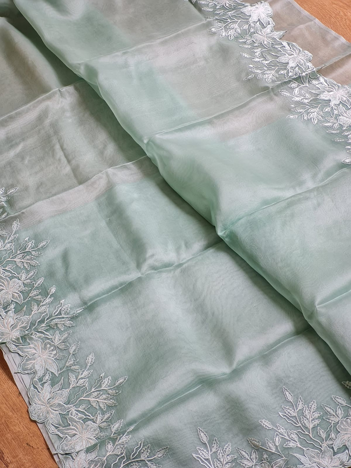 Pure organza silk saree with embroidery scallop border