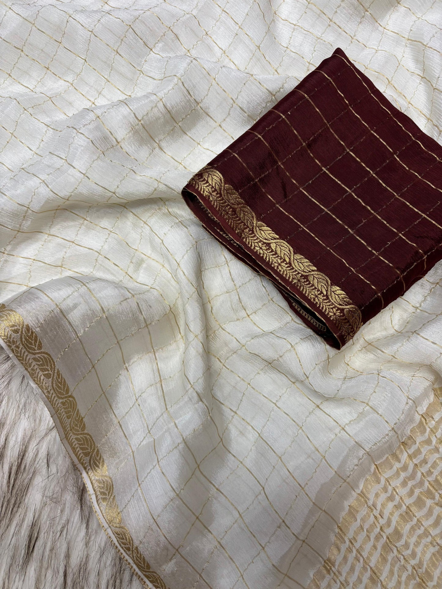 Soft viscous chinon silk saree with checks with contrast blouse