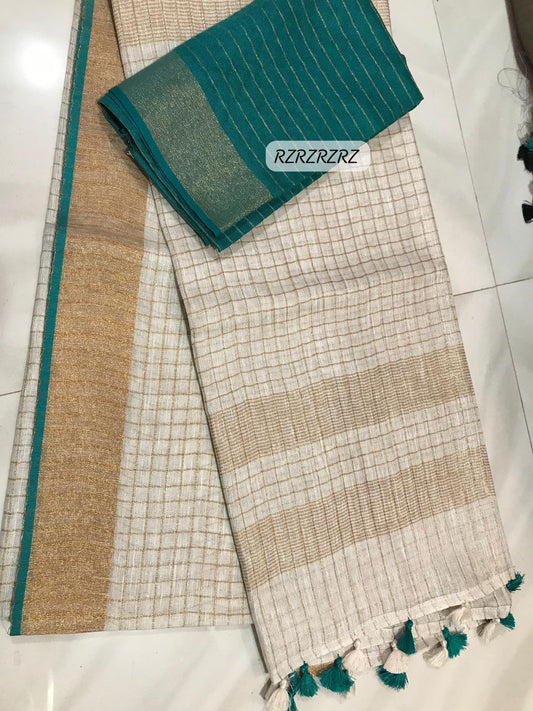 Pure linen checks saree with contrast blouse