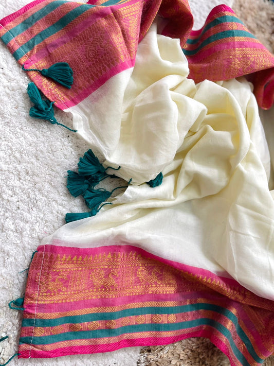 Premium pure mul cotton saree with pink and dark teal zari border