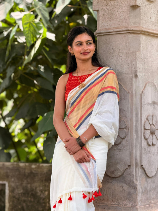 Soft mul cotton saree with beautiful red and black zari stripes border