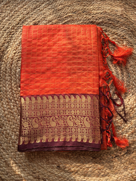 Beautiful semi Banarasi katan silk saree with checks in orange and brown combo