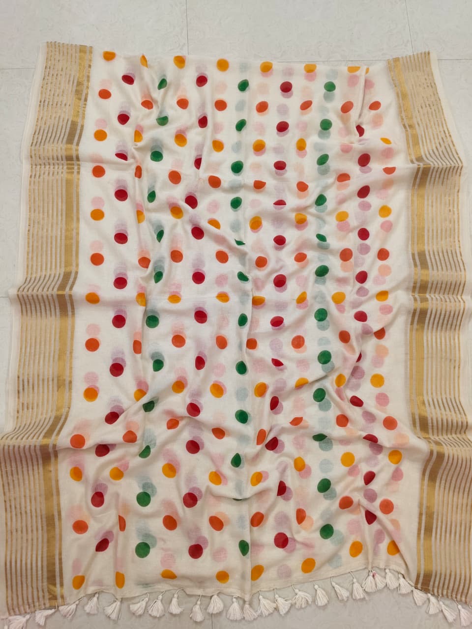 (Prebooking) Pure authentic mul cotton saree with zari stripes border and multi color polka body - without blouse