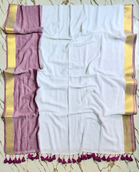 Pure mul cotton saree Big dusty pink border and wine tassels