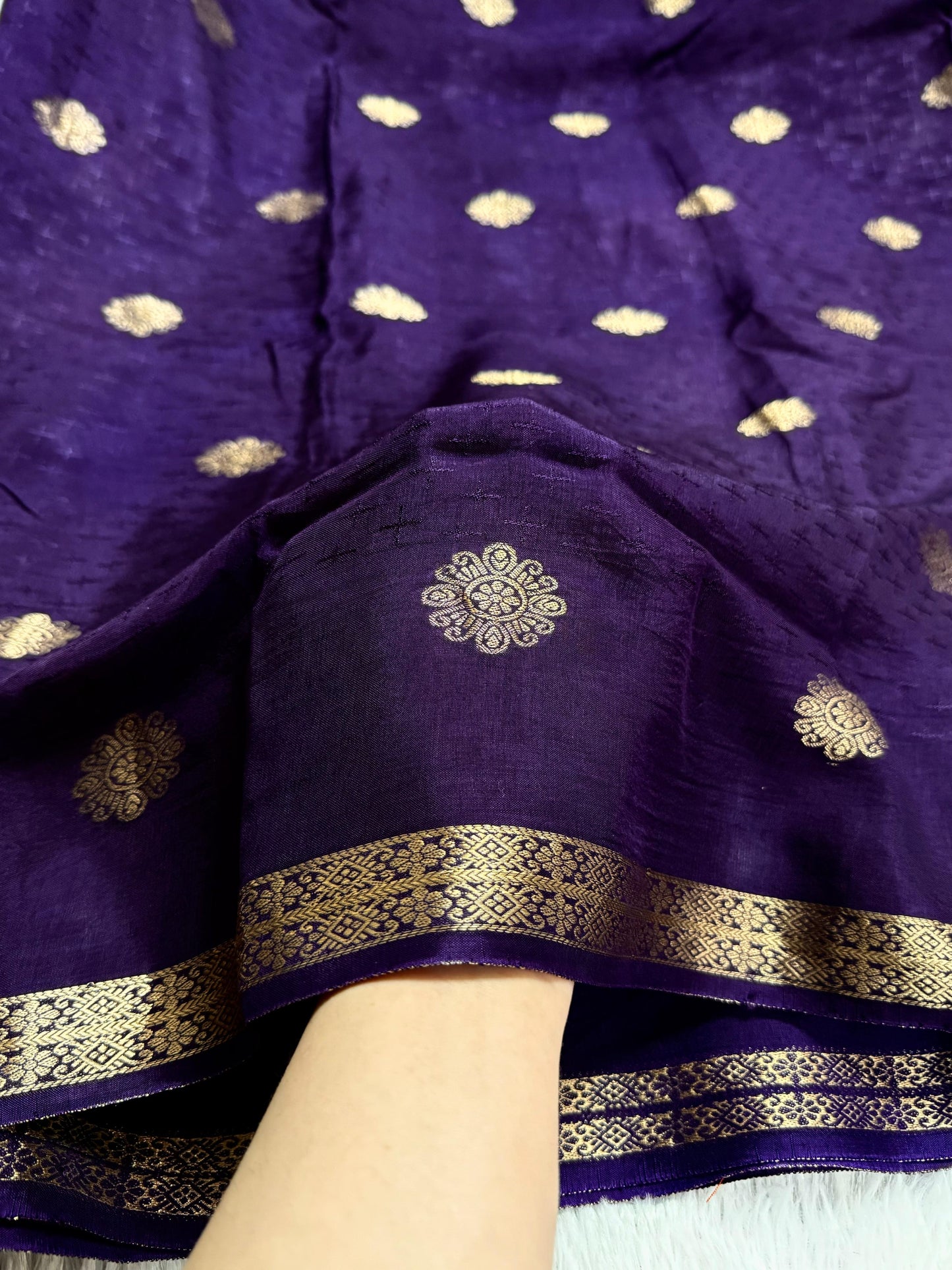 Beautiful viscous russian silk saree with self design and small zari border - mandala design