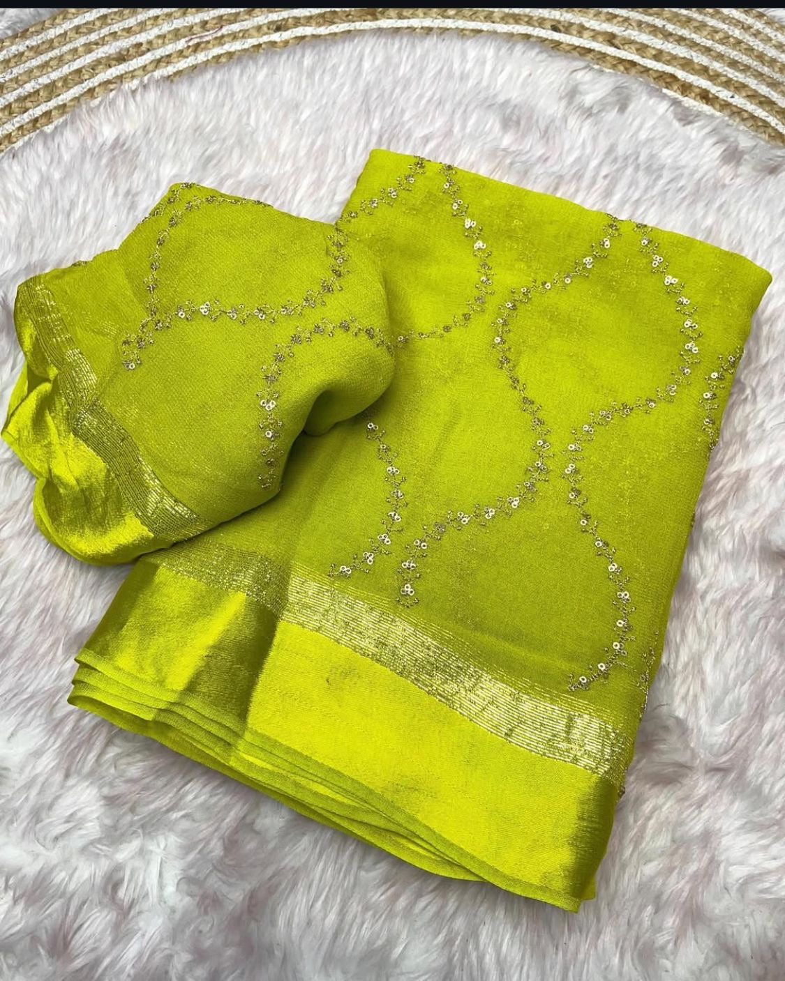 Viscous georgette saree with satin border and sequins embroidery