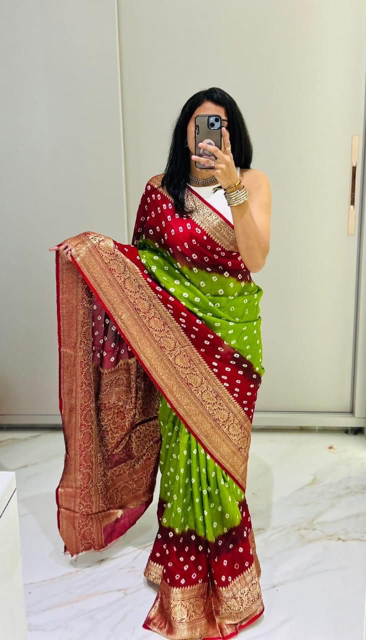 Semi dola silk with bandhini prints