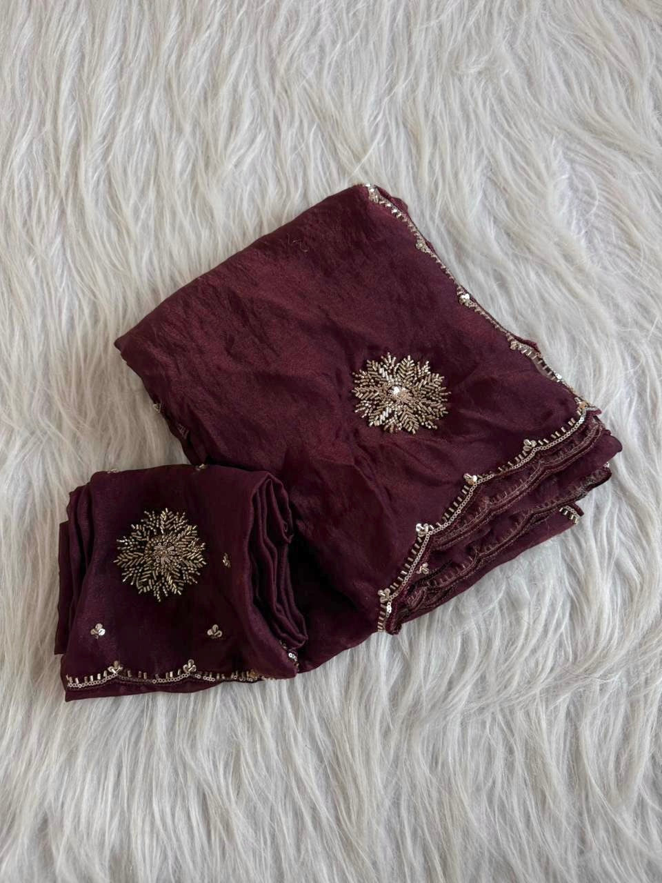 Gorgeous moss nylon mix handwork saree with intricate beads and sequins buttas and border