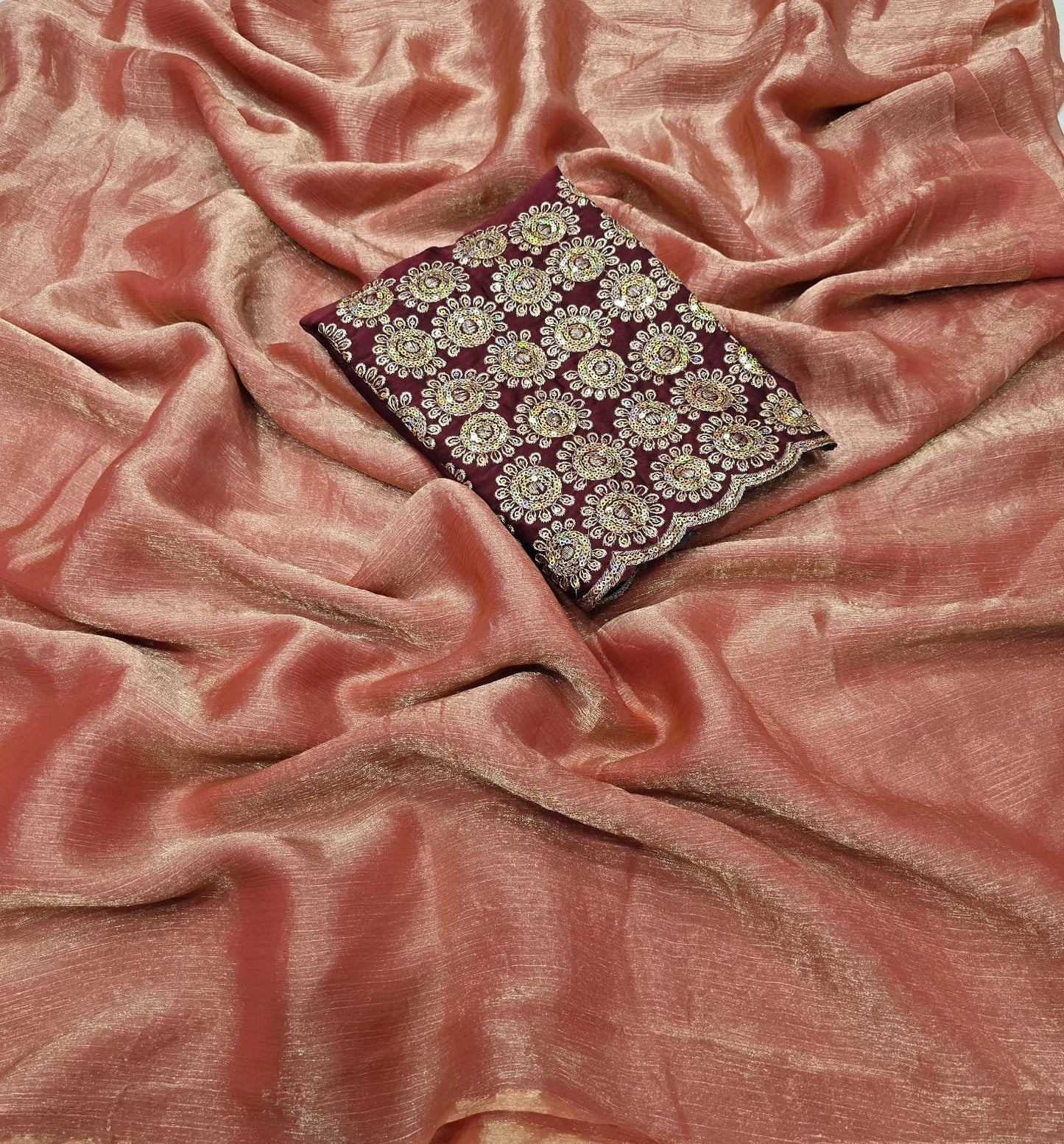 Shimmer chiffon saree with embroidered contrast blouse