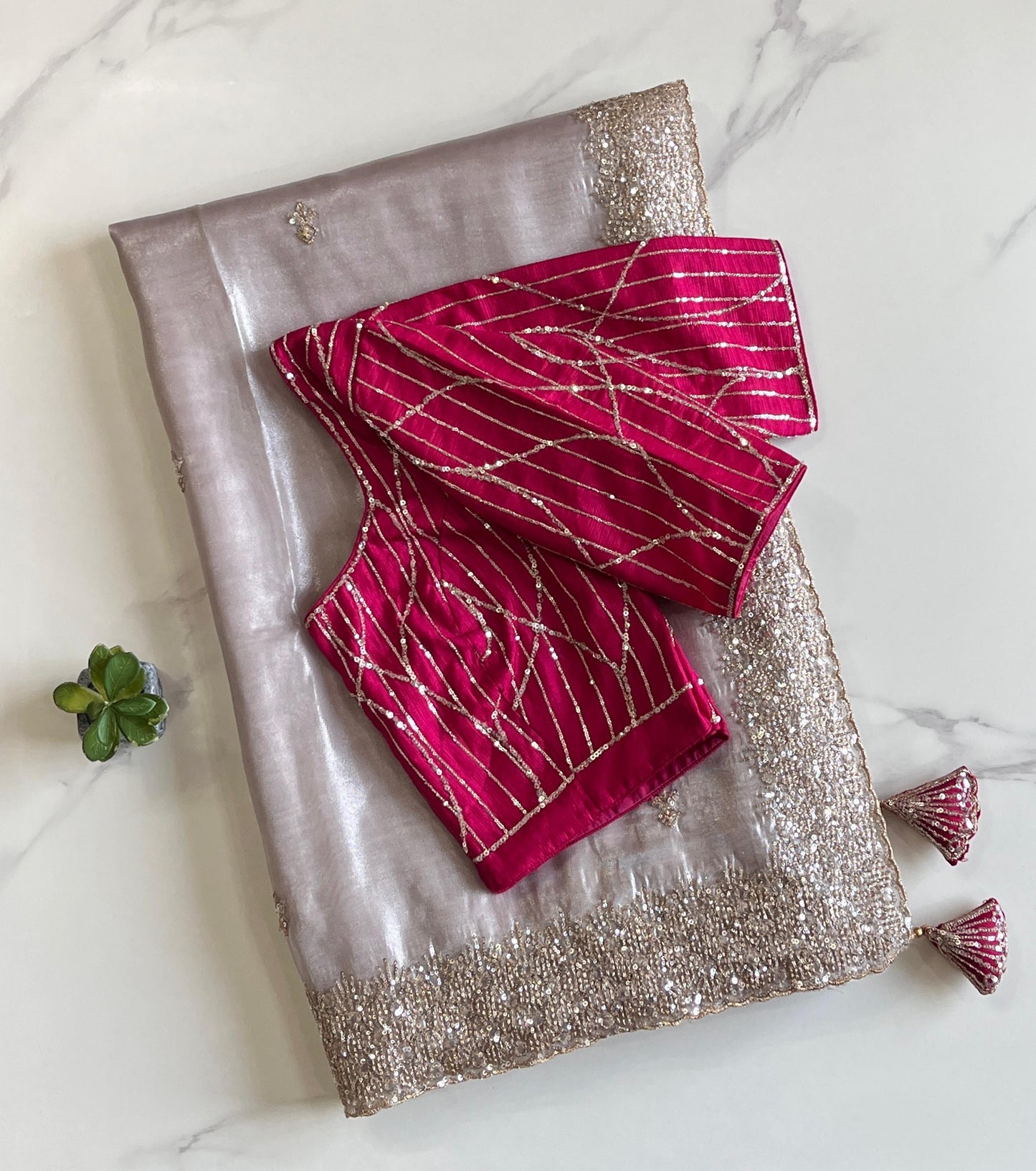 Silver tissue saree with handwork and pink blouse