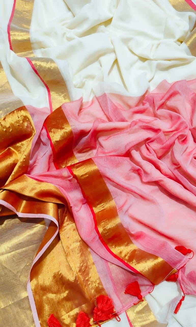 Soft Mul cotton saree - Red pallu