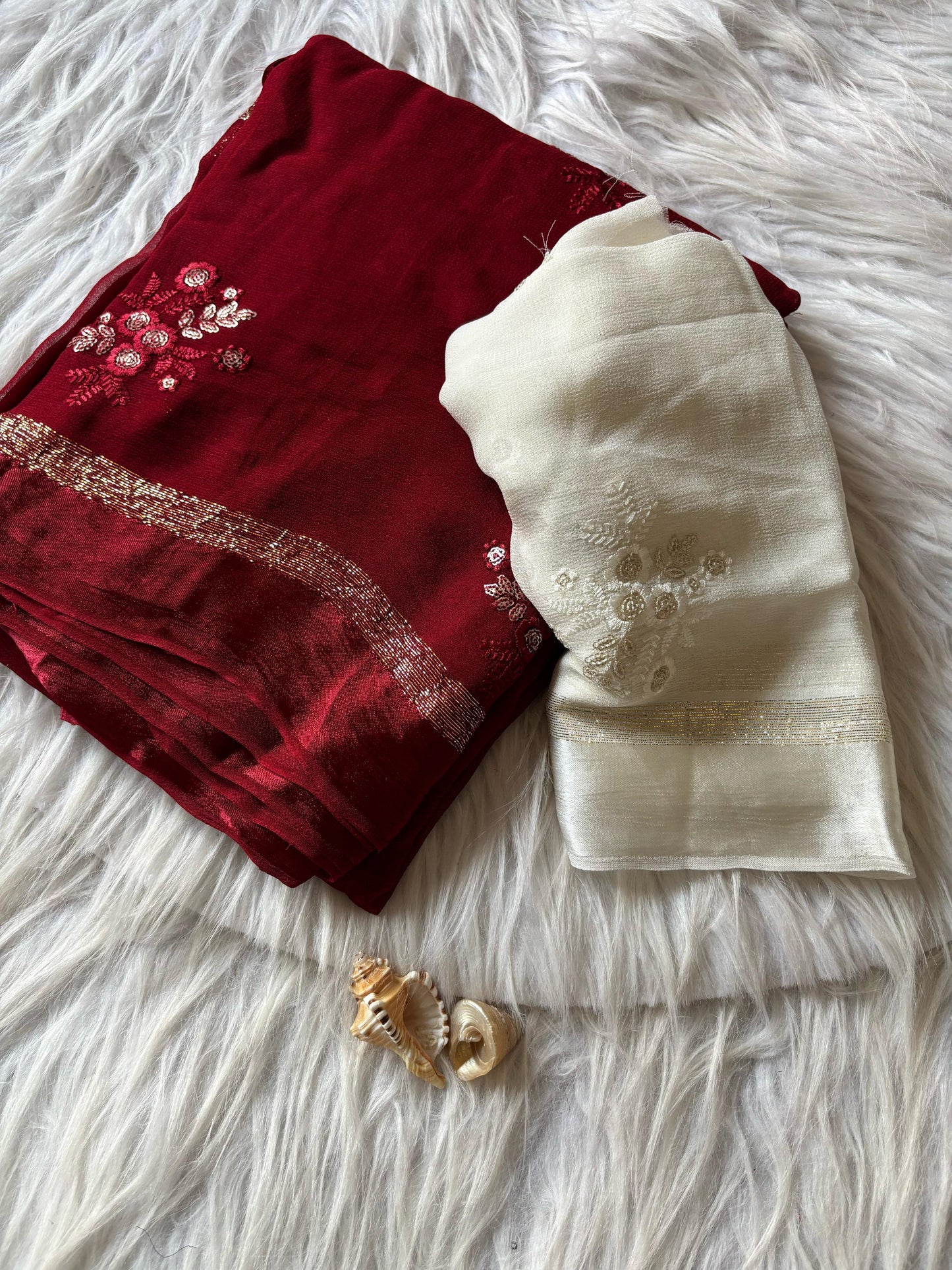 Viscous georgette saree with floral embroidery and satin border