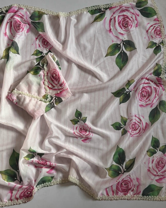 Rose printed soft mul organza saree with handwork