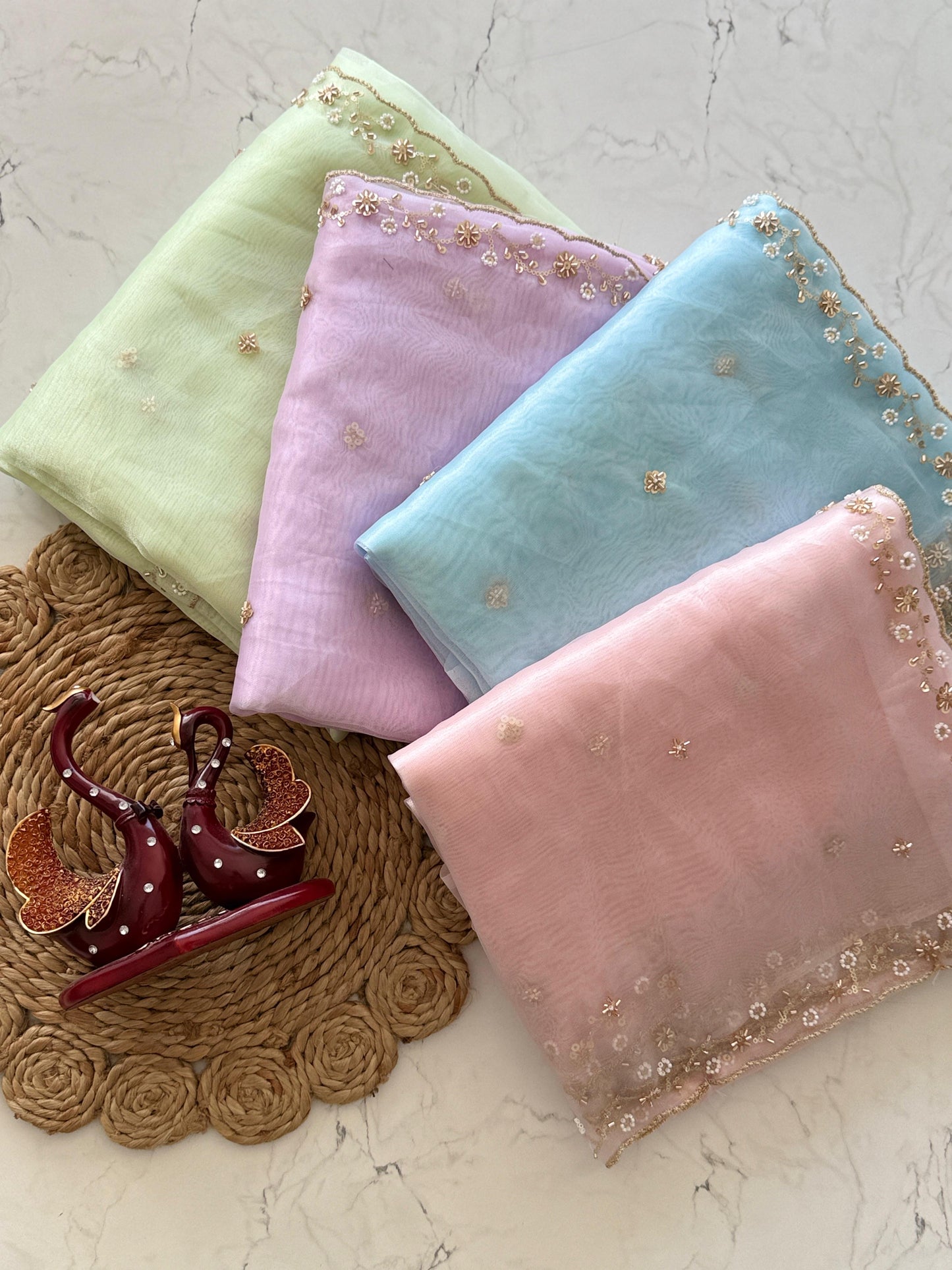 Premium semi organza Tissue saree in Pastel Shades With beads Work And Scallop border