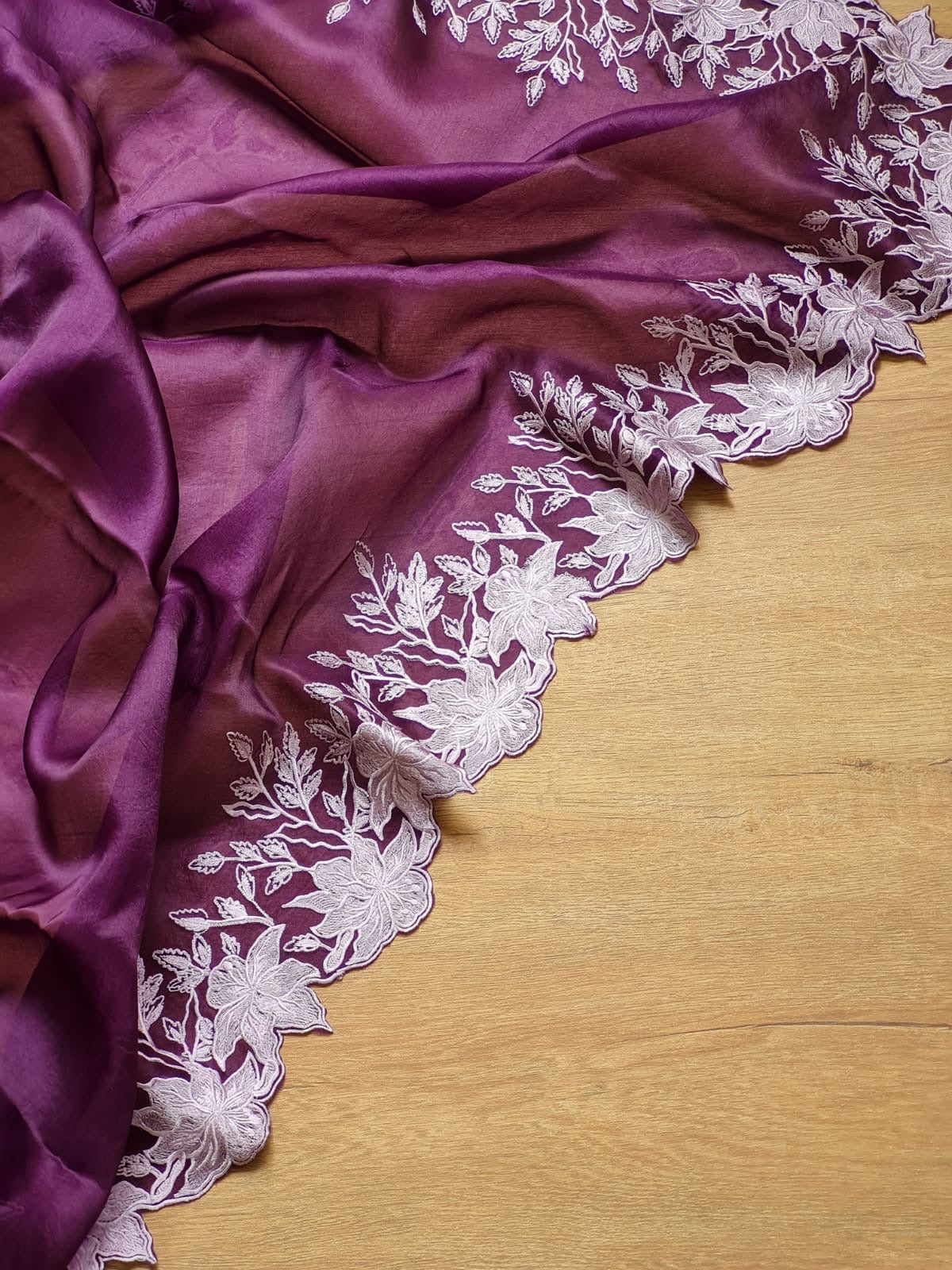 Pure organza silk saree with embroidery scallop border