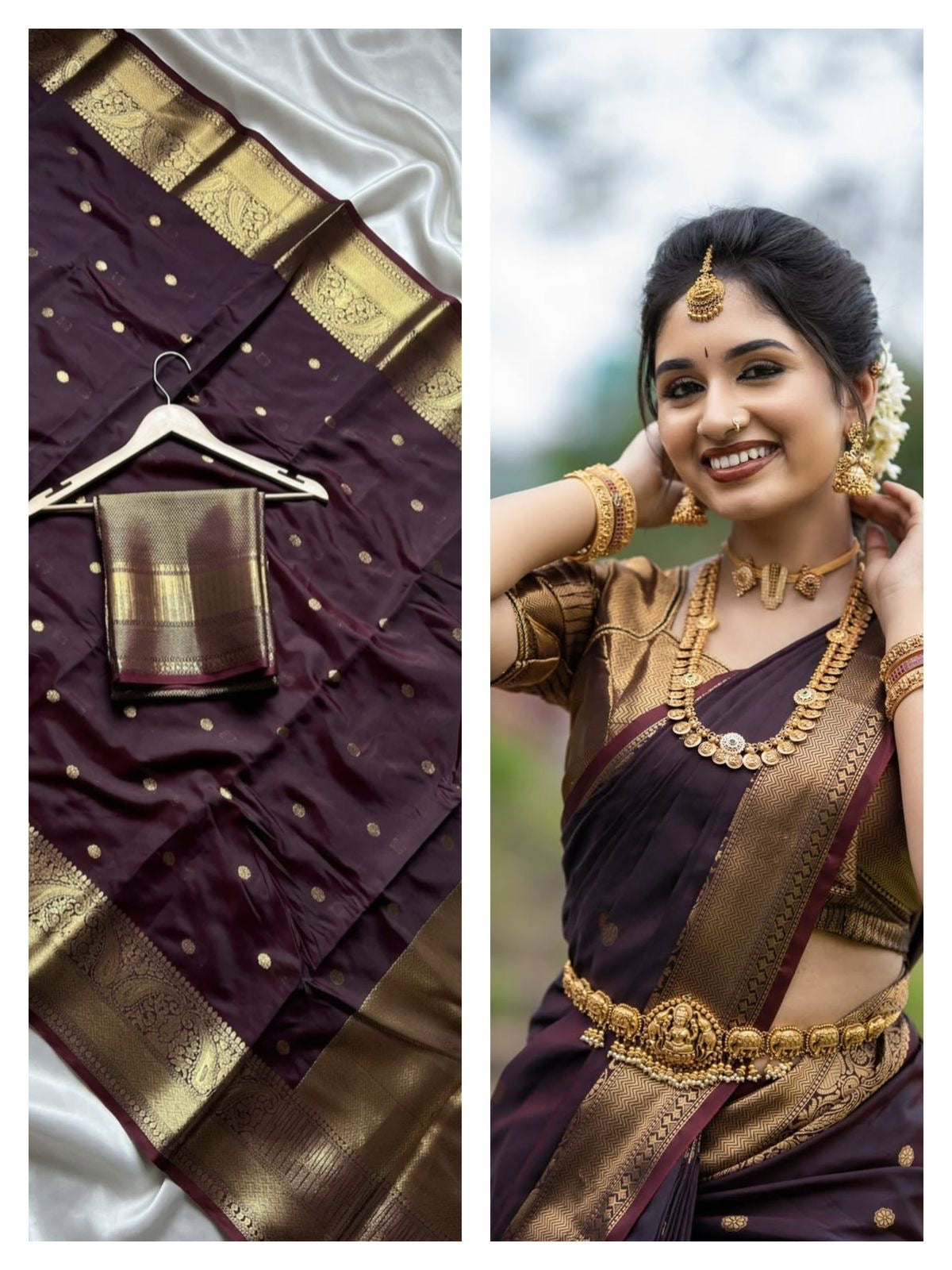 Beautiful semi katan Banarasi silk saree with buttis all over and zari pallu and blouse
