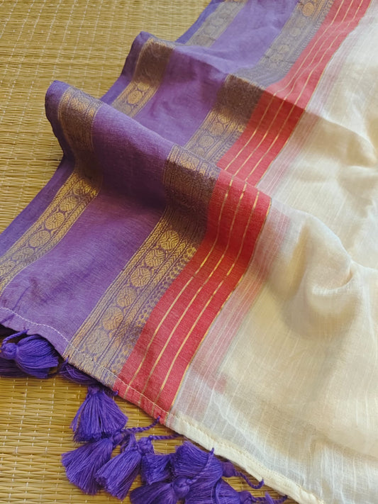 Pure mul cotton saree with purple red zari border