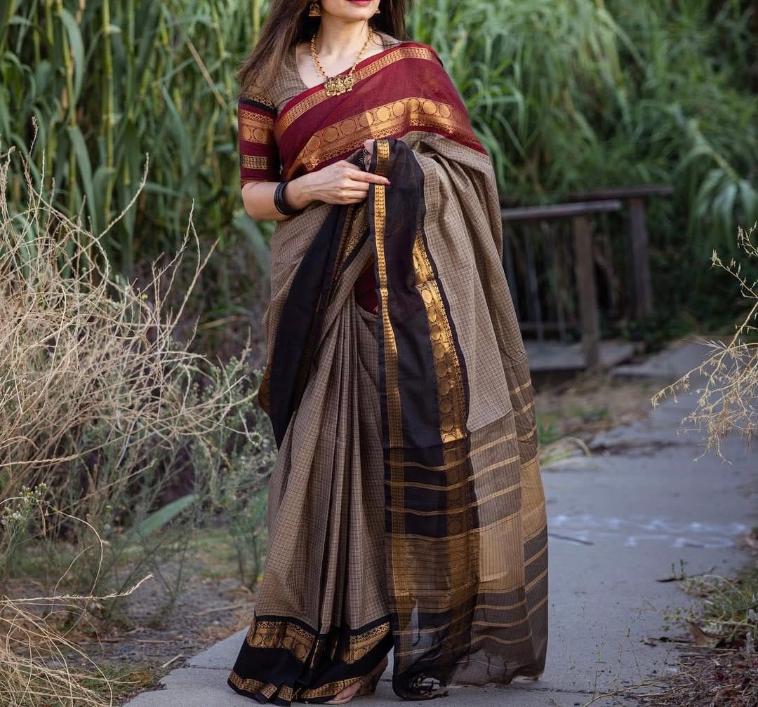 Pure kanchi cotton saree with red and black border