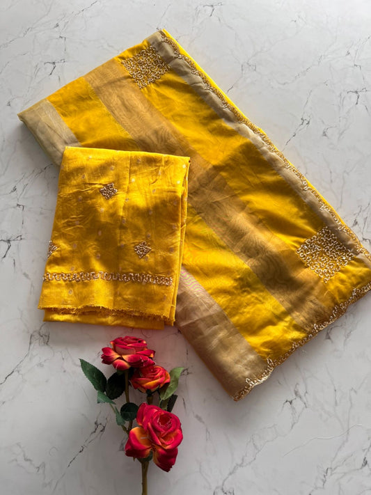 Beautiful viscose organza saree with khatli handwork and scalloped border