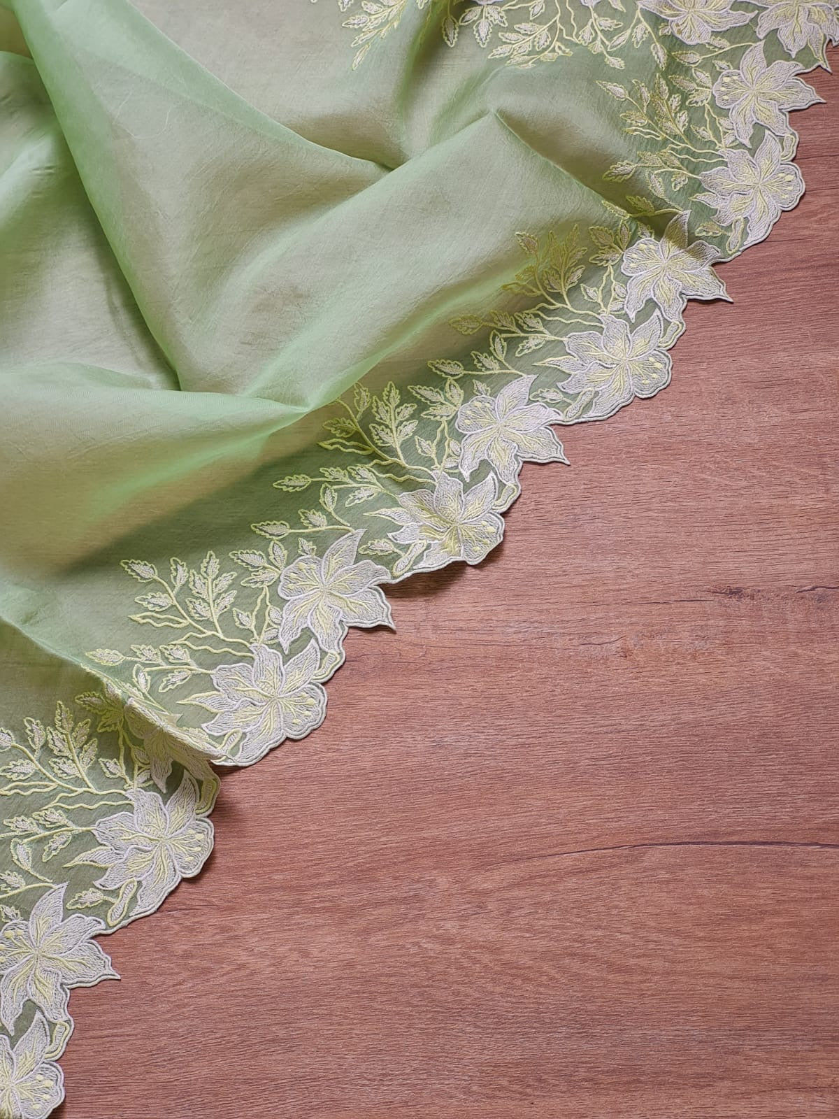 Pure organza silk saree with embroidery scallop border